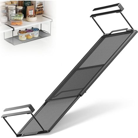 Panier de Rangement Suspendu sous Étagère, Organisateur Lacard Cuisine Métal Extensible, Organiseur Rangement Installation sans Perçage pour Cuisine, Bureau, Garde-Manger, Salle de Bain, Armoire (1/5)
