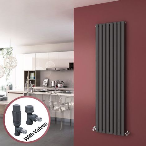 ELEGANT Vertical Column Designer Radiator Anthracite Oval Single Panel Rad 1800 x 472mm + Thermostatic Radiator Valves (1/5)