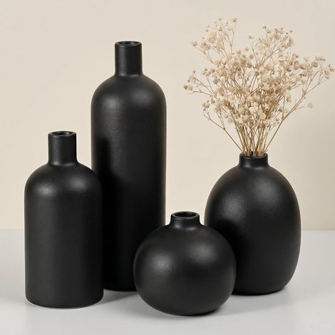 Ensemble de 4 vases en céramique, décoration moderne pour étagères - Vases à fleurs minimalistes noir mat - Collection noir charbon, cadeau pour l'inauguration d'une maison pour femmes, mère (1/5)