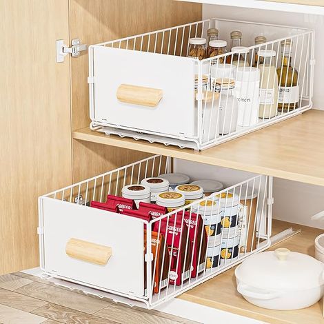 Tiroir Coulissant Cuisine, 24x40x17CM Organiseurs de Placards, pas Besoin de Percer Panier Coulissant Cuisine pour Rangement Dressing,Blanc (1/5)