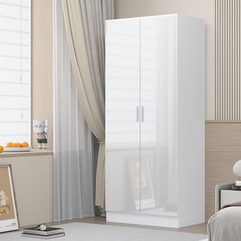 Reflect 2 Door Plain Wardrobe - White Gloss & Matt White - Hanging Rails & Shelves - Modern Sleek Design