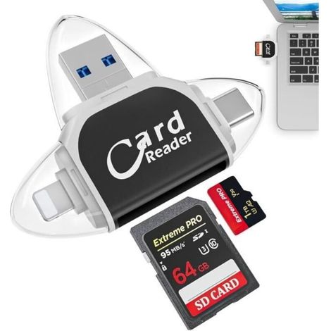 4-in-1 5Gbps TF SD Card Reader - Black - Compatible with iOS, Android, and Windows (1/4)