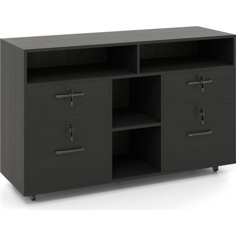 Armoire de rangement noire avec serrure et 4 tiroirs pour fichiers A4, support imprimante élégant en MDF