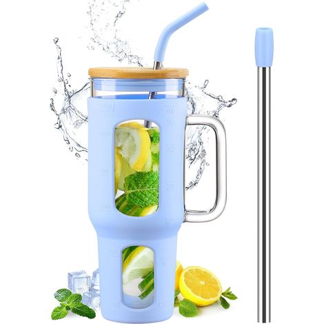 Gobelet 1,4 L avec Poignée, Couvercle Bambou & Pailles bleu clair