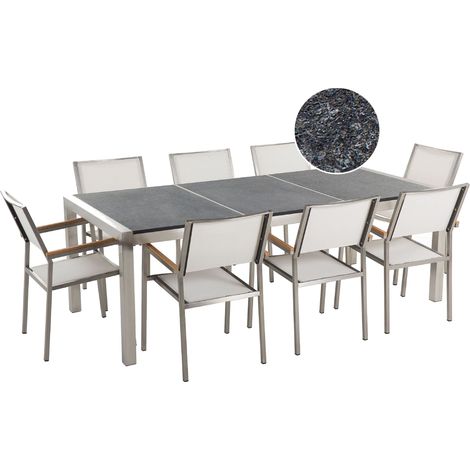Conjunto de comedor de jardín blanco con mesa 220x100 cm de granito flameado 8 sillas de ratán Grosseto