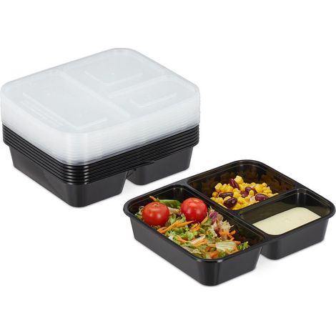 Boîtes repas Relaxdays, lot de 10, 3 compartiments, 1000 ml, compatibles micro-ondes, avec couvercle, noires (1/5)