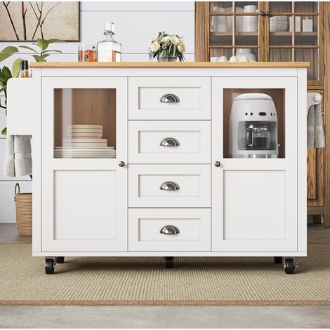 Isola cucina 137,9x73x92,5 cm bianca con piano ribaltabile, 4 cassetti e ruote girevoli (1/5)