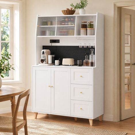MEUBLIV Buffet haut de cuisine blanc 120x40x184 cm – prises intégrées, pegboard et 3 tiroirs (1/5)