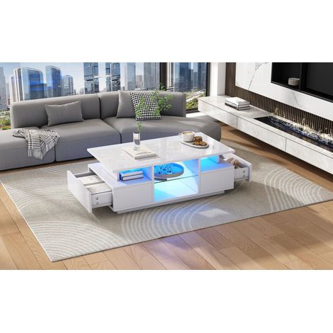 Couchtisch aus Spanplatte in Weiß Hochglanz mit LED, 100 x 50 cm, 2 Schubladen und Glasablagen (1/5)