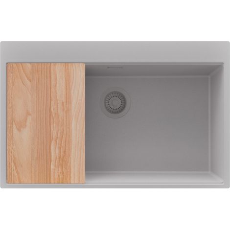 PRIMAGRAN Evier Cuisine en Granit 78x50cm,Lavabo 1 bac + Kit de Vidage + Planche à Découper, Évier à Encastrer au meuble 80cm - Oslo, Gris (1/5)