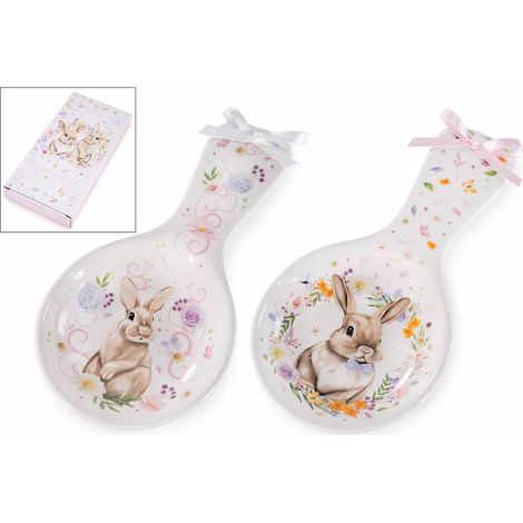 Repose-cuillère de Pâques en céramique imprimé lapins, petit nœud décoratif et coffret cadeau, lot de 8, 11,5 x H. 24 cm