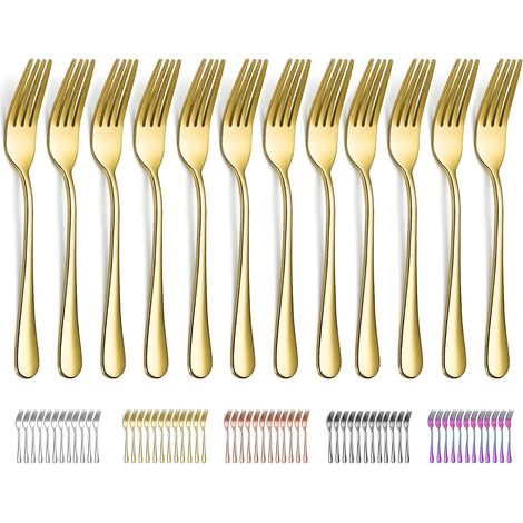 Fourchette de table en or 12 pièces 20.5cm, fourchettes à gâteau, fourchettes à dîner en acier inoxydable plaqué titane, faciles à nettoyer, lavables au lave-vaisselle (1/5)