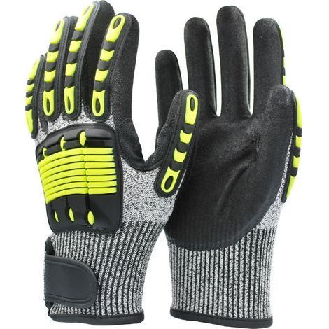 Deux gants de travail jaunes taille L, résistants aux coupures, à l'abrasion, aux chocs, aux impacts et aux perforations. (1/5)