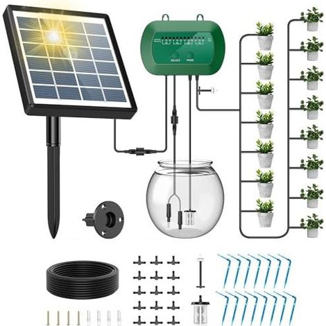 Solarbewässerungssystem, automatische Tropfbewässerung, Rückflusssicherung für Topfpflanzen, Gewächshaus, 12 Timer-Modi, Bewässerungsgerät + 15 m Schlauch - (1/5)