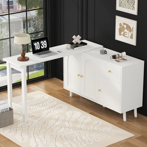 Multifunktionaler 2-in-1 Schreibtisch und Sideboard, 360° drehbar, 3 Türen und 1 Schublade, eleganter Computer- oder Eckschreibtisch