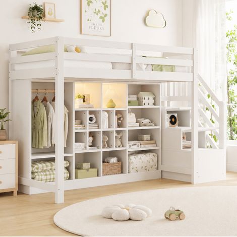 Cama alta 90x200 cm blanca de madera con armario, estantes y escalera con almacenaje (1/5)