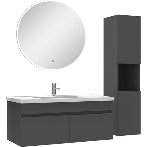 Ensemble Salle De Bain avec colonne et miroir rond 100cm meuble Anthracite