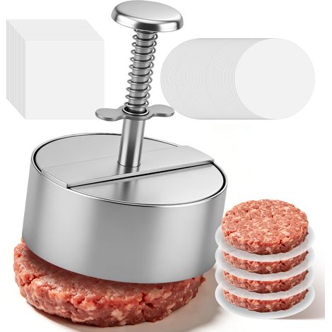 304 Acier Inoxydable Presse Steak Haché Moule Steak Haché Presse Burger pour Confectionner des Steak Haché 11cm de Diamètre Comprend 150 Papier Cuisson Idéal pour Les Barbecues Entre Amis (1/5)