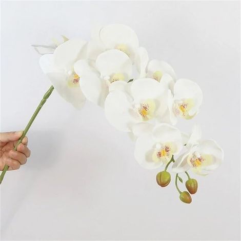 Orchidée artificielle luxueuse 9 têtes, fleurs réalistes au toucher doux, décoration blanche pour bureau, salon, chambre, style Noël, plante seule pour intérieur, embellissement maison. (1/5)