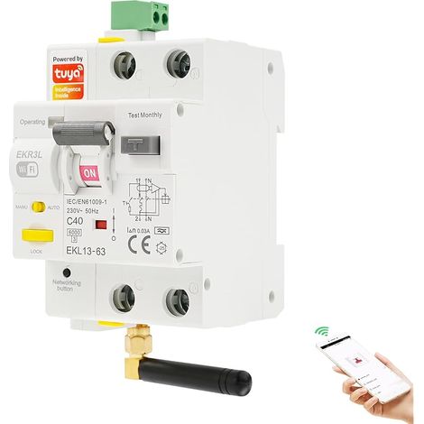 Disjoncteur différentiel 40A WiFi Réarmement automatique Disjoncteur différentiel intelligent 220V 2P Protection contre les fuites Contrôle TUYA Réactivation en mode automatique. (1/5)