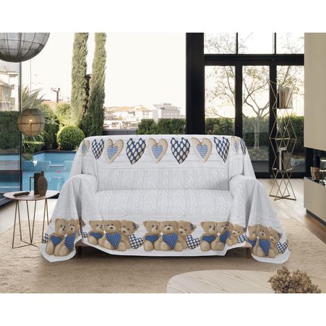 Telo Arredo Made in Italy in Cotone Grandfoulard Copritutto Copridivano Copriletto-Teli Sofà Arredatutto-Drappeggio-Arazzo-Copridivano Grand Foulard Letto Singolo - Orsetti Blu