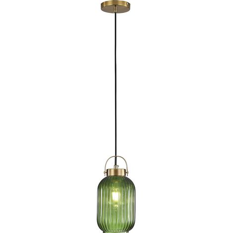 Luminaires suspension, douille de lampe dorée avec abat-jour en verre rayé, lustres, plafonnier pour cuisine, salon, chambre à coucher (Vert, S) (1/5)