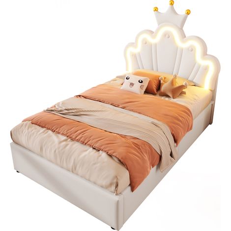 Letto imbottito 90x200 cm senza materasso con LED, testiera regolabile, contenitore idraulico e design a corona in cuoio rigenerato bianco  CHICFURN (1/5)