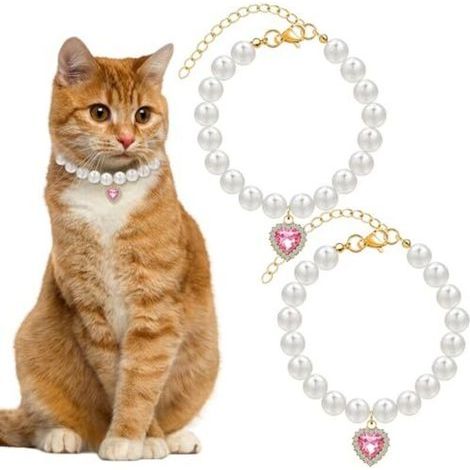 Collier de Perles pour Chat, 2 pièces, Pendentif en Forme de cœur, Strass, Mignon, pour Animal de Compagnie, Taille réglable, Accessoires pour Petit Chien, Chiot, Chat, pour fête de Mariage (1/5)