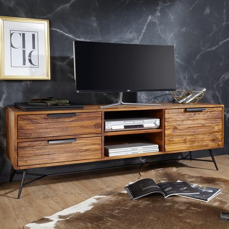 Meuble TV 1 porte et 2 tiroirs 160x40x54 cm en sheesham et métal (1/5)