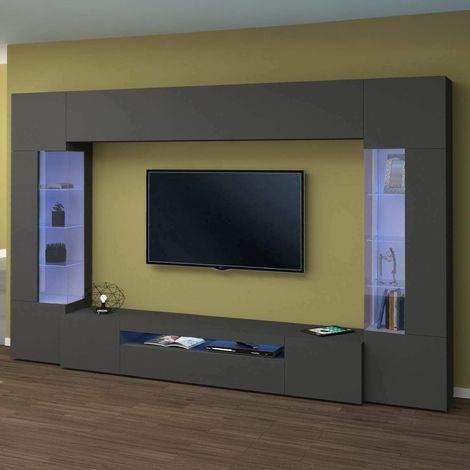 Dmora - Pared Equipada Dberard, Conjunto de salón Mueble de TV con 6 puertas, Mueble de salón polivalente con luz LED, 100% Made in Italy, cm 290x40h191, Antracita (1/5)