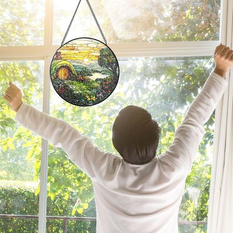 Attrape-soleil vitrail rond – Ornement décoratif suspendu pour maison, cadeau femme homme maman papa, Diamètre : 25 cm (1/4)