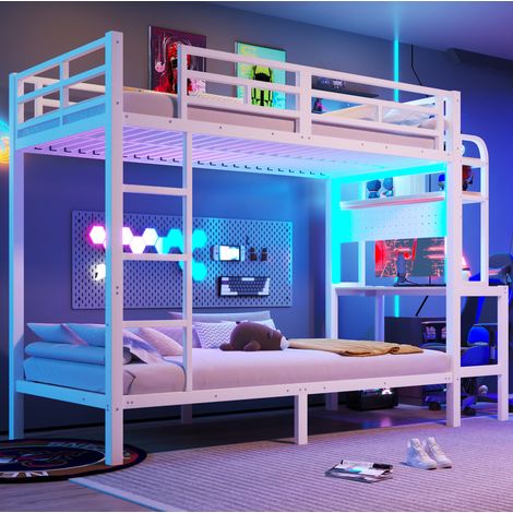 Cama litera infantil 90 x 200 cm con escritorio, almacenamiento, LED y USB, blanco OKMYHOME (1/5)