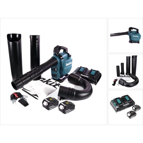 Makita DUB 363 PM2V Akku Gebläse / Laubsauger 36 V ( 2x 18 V ) Brushless + Absaug Set + 2x Akku 4,0 Ah + Doppelladegerät