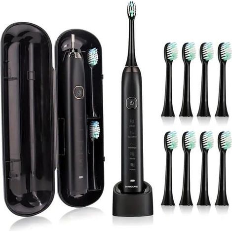 Brosse à dents électrique pour adultes, chargement sans fil, 5 modes de nettoyage, blanchiment, minuteur intelligent de 2 minutes, étanche IPX7, 8 têtes de brosse, étui de voyage (1/5)
