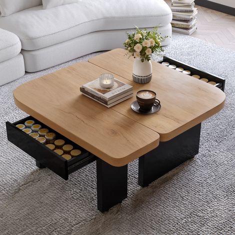 Table basse moderne avec LED, bois écologique, design 2 en 1 combinable librement, couleur bois naturel, 2 tiroirs, bords arrondis et pieds réglables en hauteur (1/5)