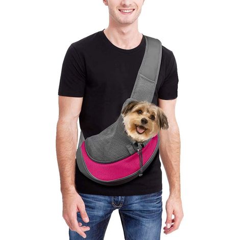 Sac de transport pour petits chiens et chats, sac à bandoulière en filet respirant avec bandoulière réglable, sac de transport portable pour les activités de plein air (rose) (1/5)