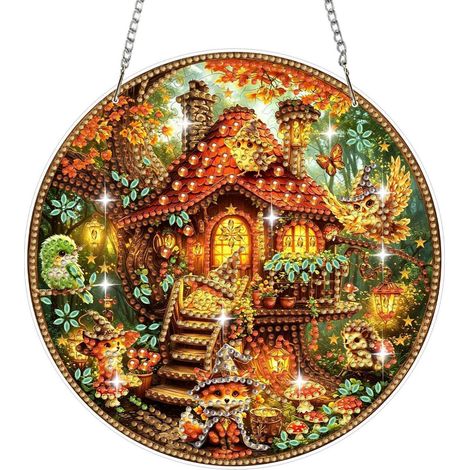 Diamant Malerei Anhänger Set mit Kette, Fuchs & Eule Motiv, Fenster Deko