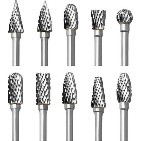 Jeu de Fraises Rotatives en Carbure 10 pices Double Coupe Fraises pour Dremel Accessoires avec Tige Sculpture sur bois (1/4)