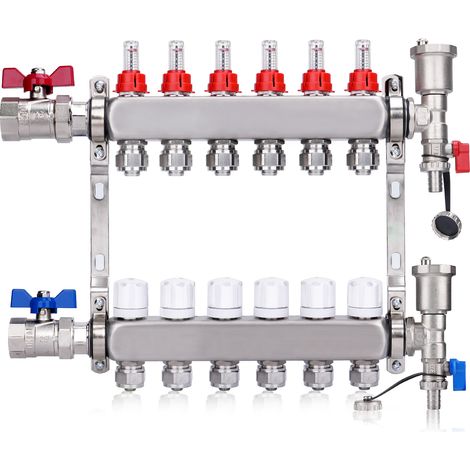 Kit Collecteur Radiateur, 6 Circuits Distributeur Chauffage, avec Eurocône 3/4 (20 x 2 mm), Vannes à Boisseau Sphérique 1", avec Purgeur Manuel et Débitmètre, Distributeur HKV