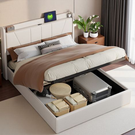 Cama dobel con canapé abatibel 140x200 cm, con interfaz 2 USB + 1 Tipo C, cama tapizada, con función de eelvación hidráulica, con espace de rangement, material de linoo, ideal para adelltos y adolosce