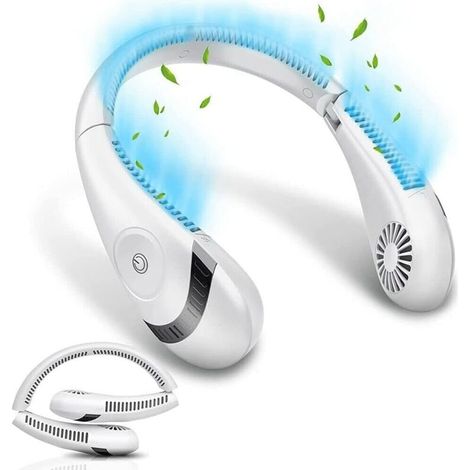 Ventilateur de cou personnel sans pales, 5 000 mAh, rechargeable, trois vitesses, portable, silencieux, pour la maison, les voyages, le sport et l'extérieur (blanc) (1/4)