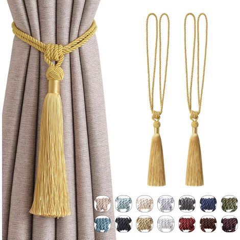 Lot de 2 embrasses à pompons longs, faites main en corde tressée, nœuds drapés, élégantes pour maison et bureau, jaune. (1/5)