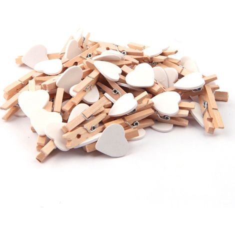 Confezione da 80 mollette da bucato a forma di cuore, piccole mollette di legno, bianche