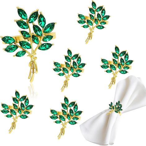 Lot de 12 ronds de serviette en forme de feuille verte et de diamant avec motif d'arbre porte-bonheur pour mariage, réunions de famille (1/5)
