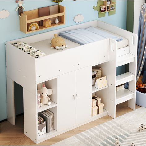 Letto a Soppalco 90x200 cm con Spazio Contenitore e Scala Integrata (1/5)