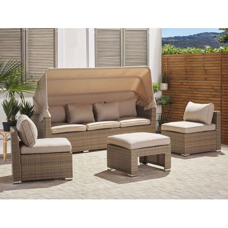 Conjunto de jardín al aire libre sofá de ratán sintético beige marrón claro con dosel y cojines sillas reposapiés de diseño moderno Coccolia (1/5)