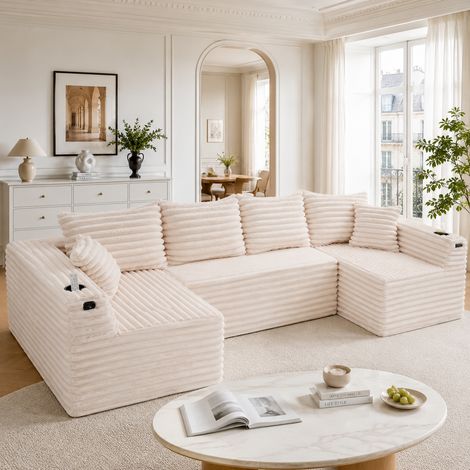 Sofá modular en U de terciopelo acanalado beige con portavasos, OKWISH (1/5)