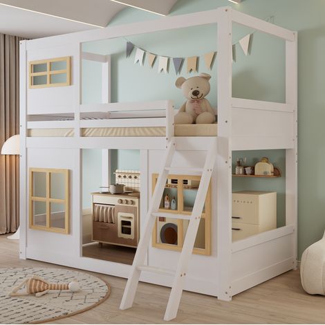 Letto a castello bambini 90x200 cm con scala e sponda di sicurezza su 4 lati, in pino bianco e naturale, materasso non incluso (1/5)