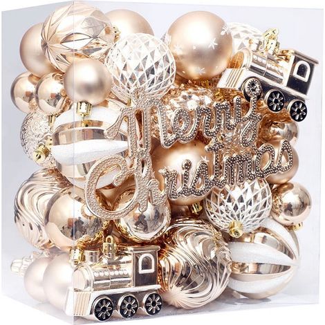 Boules De Noël - 65 Pièces - Blanc Champagne - En Plastique Incassable - Décor Pour Arbre De Noël Et Intérieur - Lot Complet (1/5)