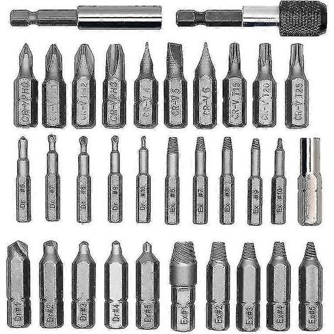 Kit de 33 pièces pour retirer les vis endommagées, comprenant un foret, un extracteur et un porte-vis. (1/2)
